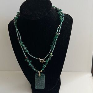Approximately 34 inch long Green Beaded Necklace with Pendant; handmade NEW